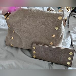 Hammitt Pebbled Taupe Leather Tote with Gold Studs and Matching Wallet